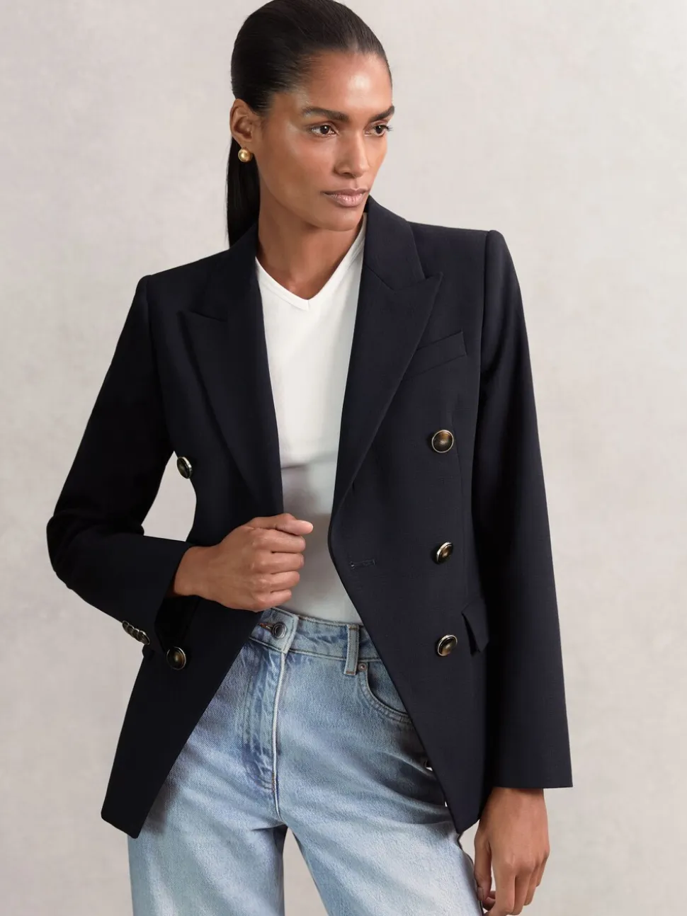 Reiss Navy Lia Wool-Blend Double-Breasted Blazer