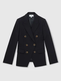 Reiss Navy Lia Wool-Blend Double-Breasted Blazer