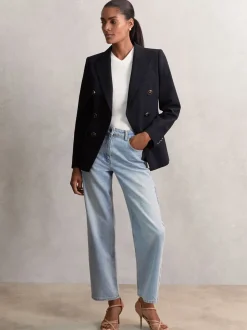 Reiss Navy Lia Wool-Blend Double-Breasted Blazer