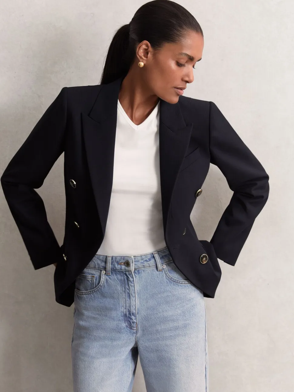 Reiss Navy Lia Wool-Blend Double-Breasted Blazer