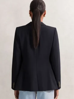 Reiss Navy Lia Wool-Blend Double-Breasted Blazer