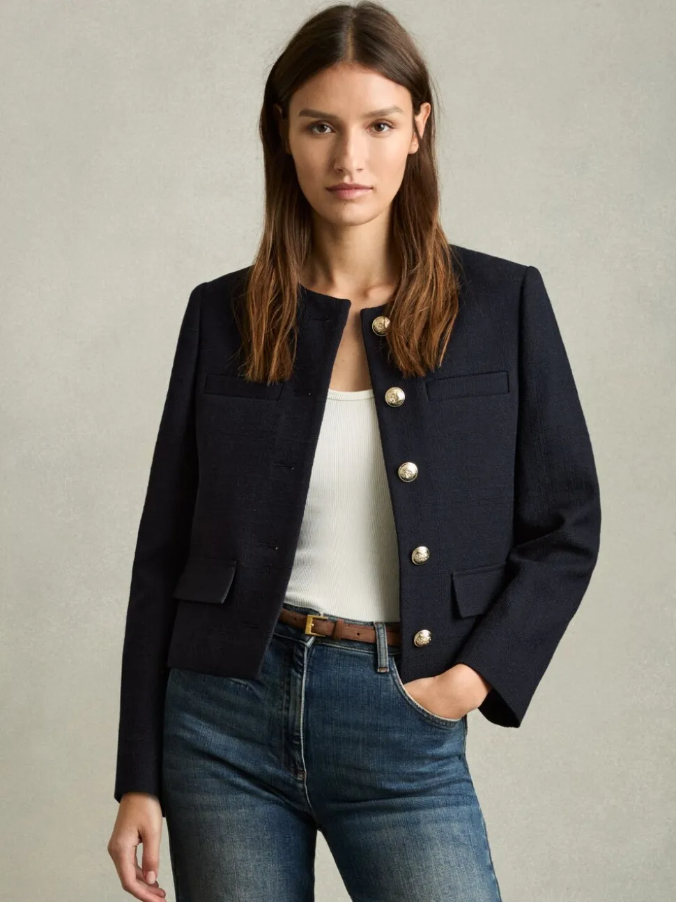 Reiss Navy Nola Cropped Wool Single Breasted Jacket