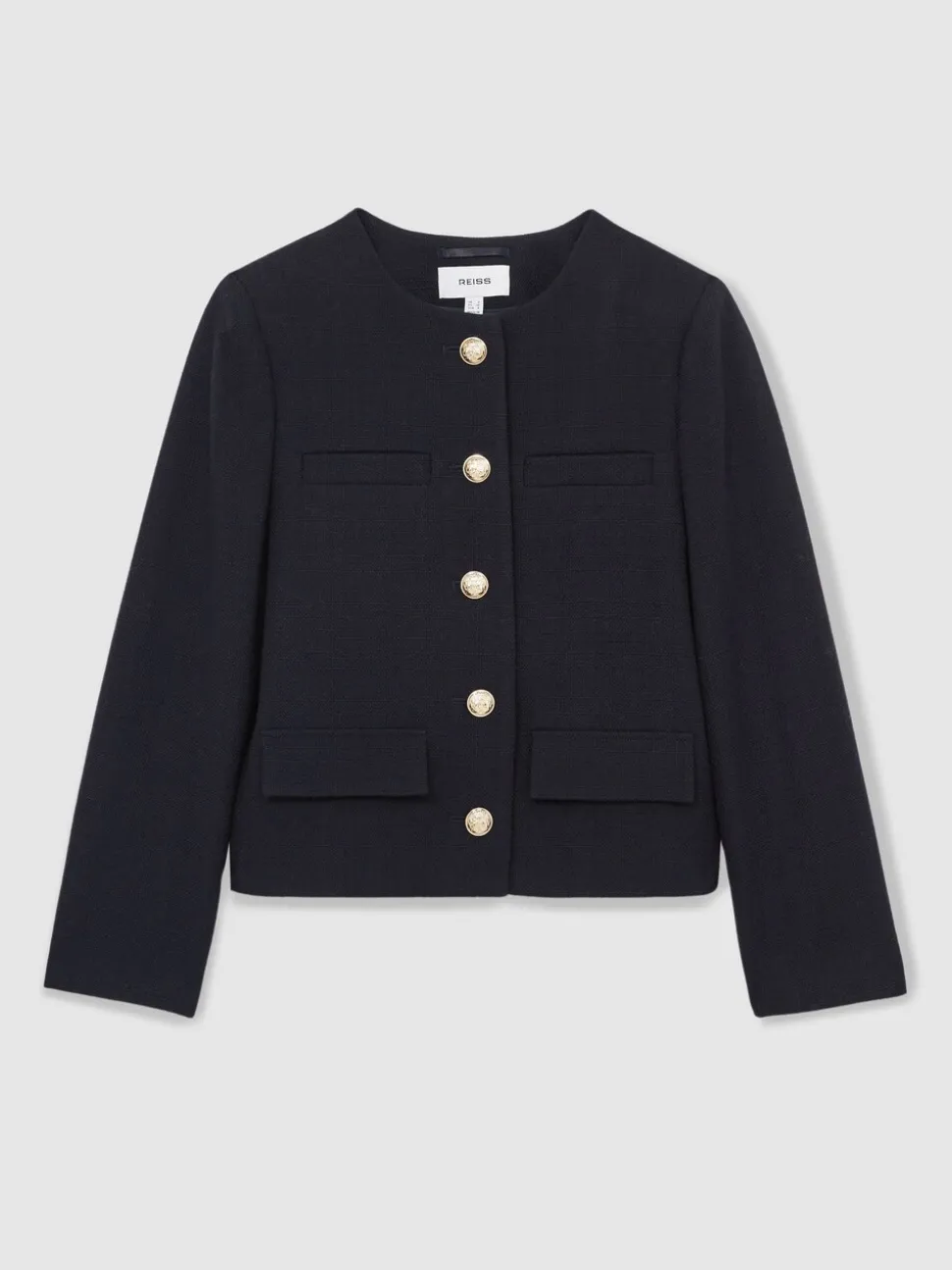 Reiss Navy Nola Cropped Wool Single Breasted Jacket