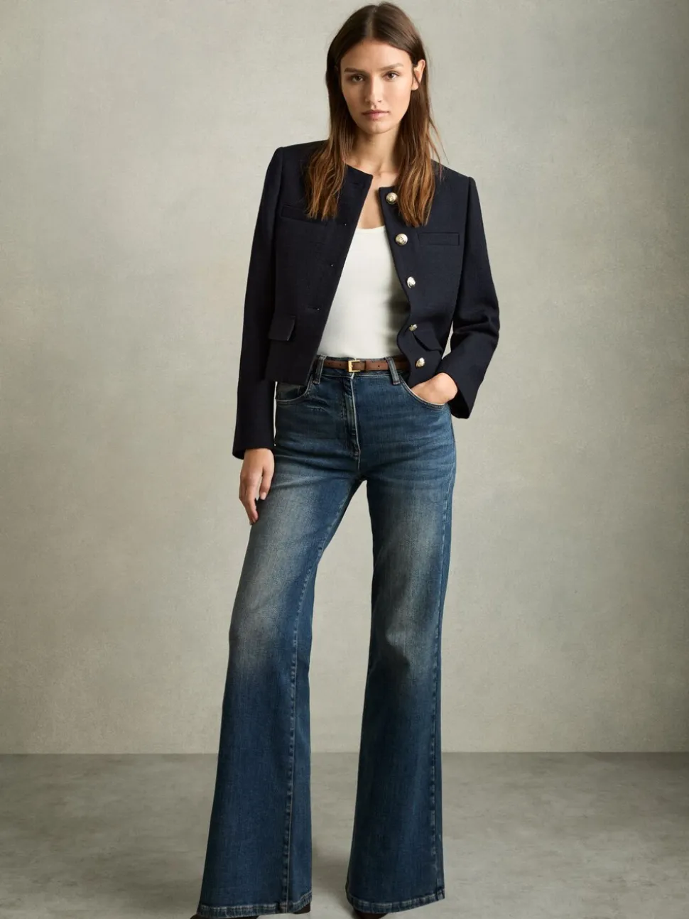 Reiss Navy Nola Cropped Wool Single Breasted Jacket