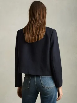 Reiss Navy Nola Cropped Wool Single Breasted Jacket