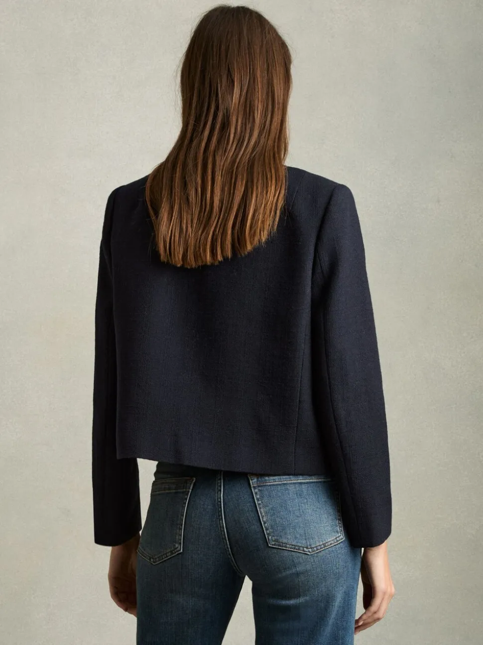 Reiss Navy Nola Cropped Wool Single Breasted Jacket