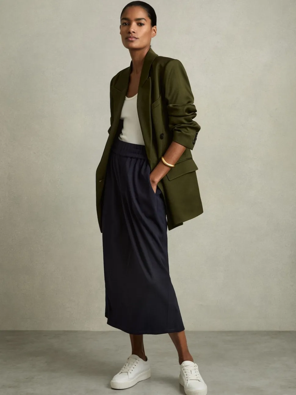 Reiss Navy Nora Wool-Blend Ruched Jersey Midi Skirt