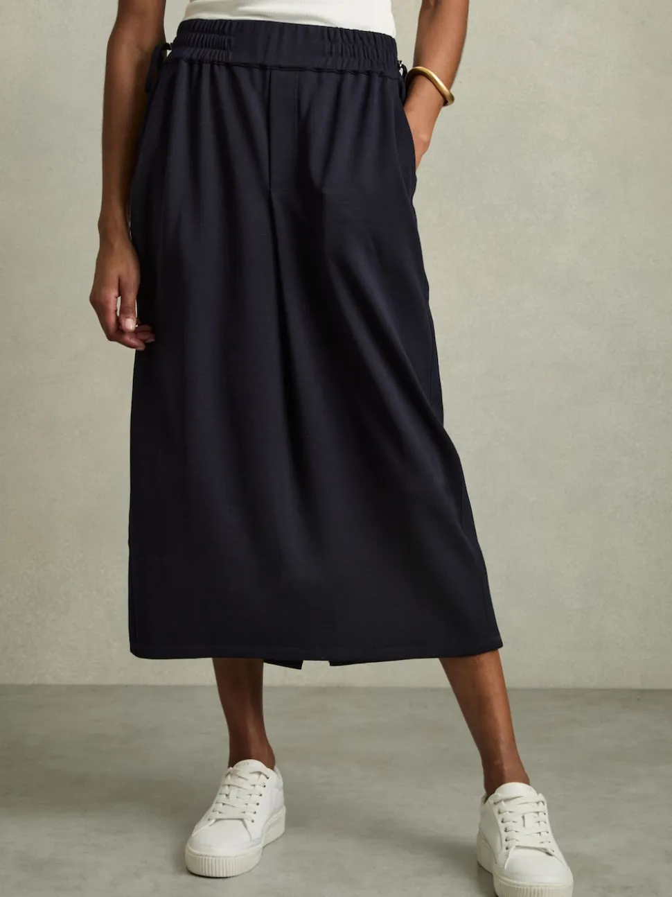 Reiss Navy Nora Wool-Blend Ruched Jersey Midi Skirt