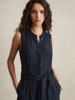 Reiss Navy Raven Wide-Leg Belted Jumpsuit