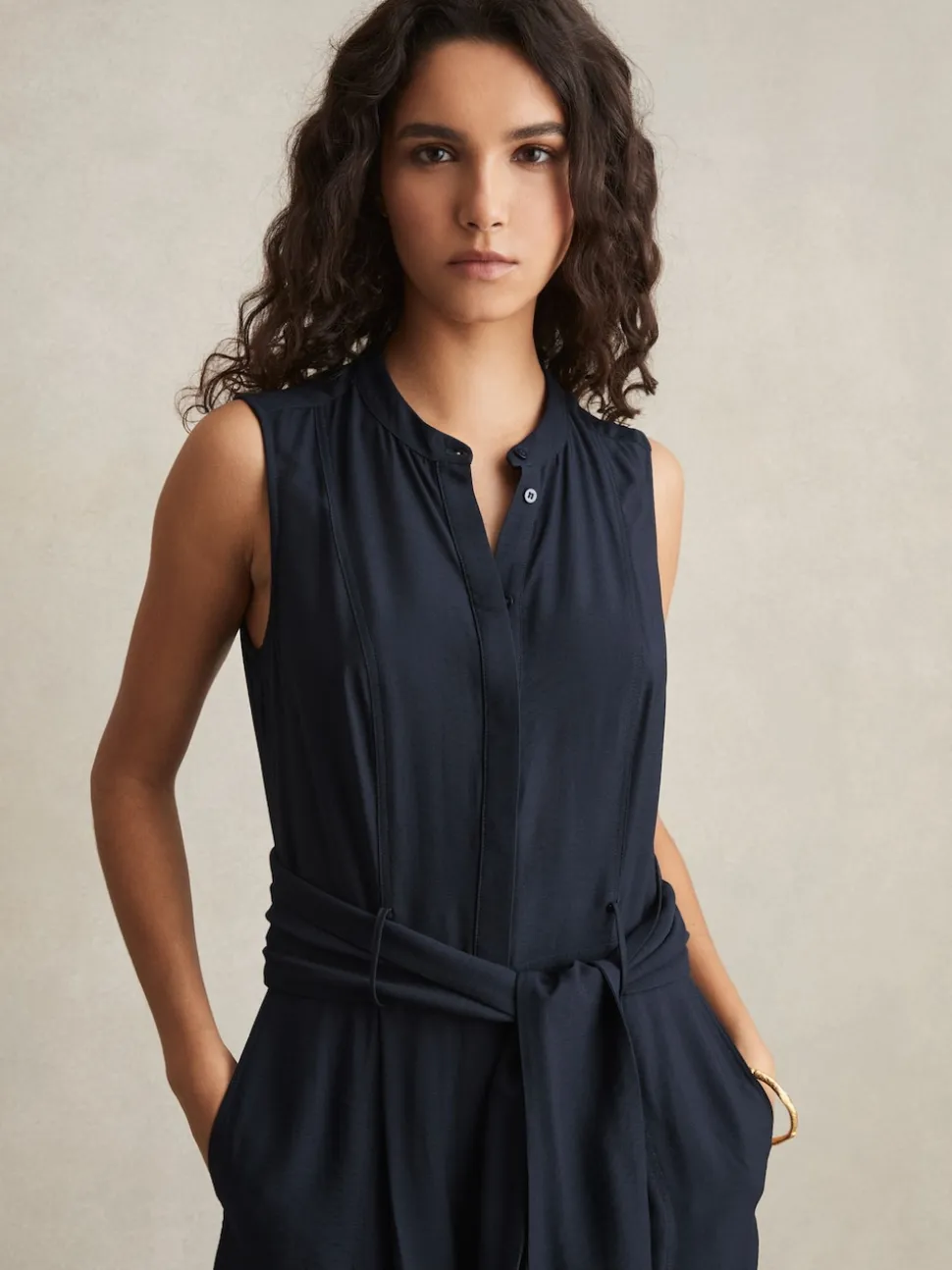 Reiss Navy Raven Wide-Leg Belted Jumpsuit