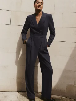 Reiss Navy Rhoda Pinstripe Tailored Wide-Leg Jumpsuit with Wool