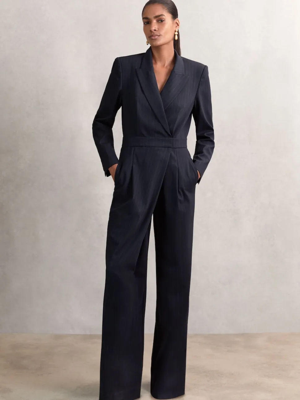 Reiss Navy Rhoda Pinstripe Tailored Wide-Leg Jumpsuit with Wool