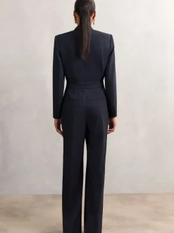 Reiss Navy Rhoda Pinstripe Tailored Wide-Leg Jumpsuit with Wool