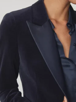 Reiss Navy Verda Velvet Single-Breasted Tuxedo Blazer