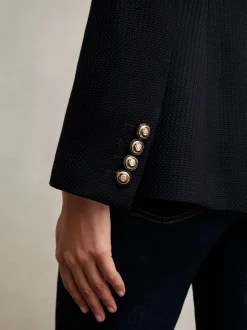 Reiss Navy Wynn Single-Breasted Textured Blazer Wool-Blend