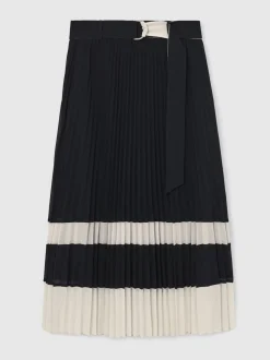 Reiss Navy/Ivory Goldie Belted Pleated Midi Skirt