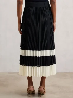 Reiss Navy/Ivory Goldie Belted Pleated Midi Skirt