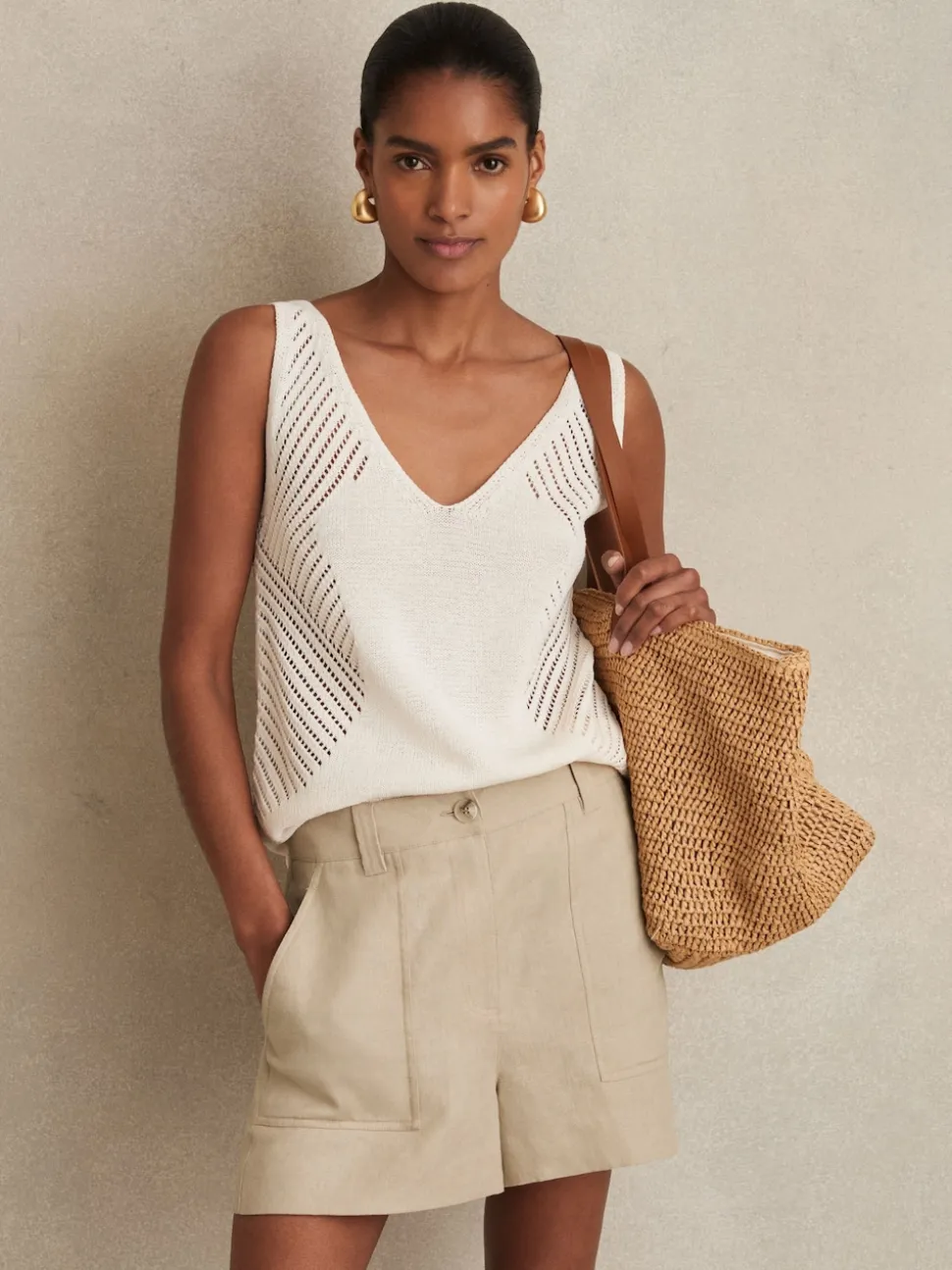 Reiss Neutral Ashby Linen Shorts