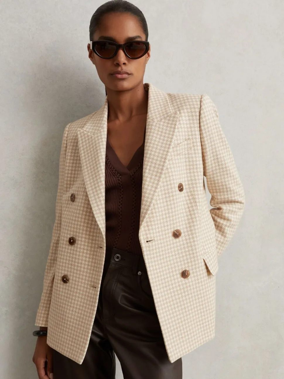 Reiss Neutral Check Bella Double Breasted Check Blazer With Wool