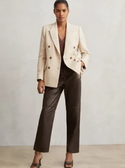 Reiss Neutral Check Bella Double Breasted Check Blazer With Wool