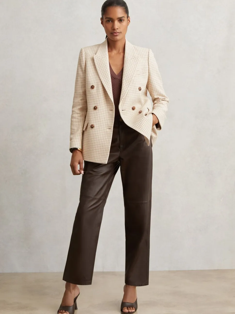 Reiss Neutral Check Bella Double Breasted Check Blazer With Wool