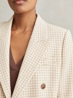 Reiss Neutral Check Bella Double Breasted Check Blazer With Wool
