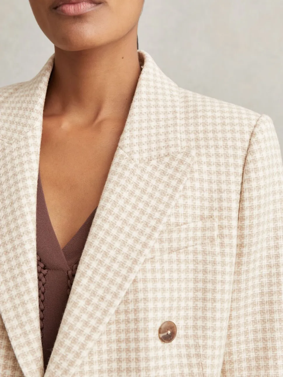 Reiss Neutral Check Bella Double Breasted Check Blazer With Wool