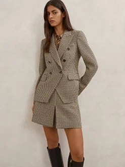 Reiss Neutral Check Hartley Petite Wool-Blend Double-Breasted Check Blazer