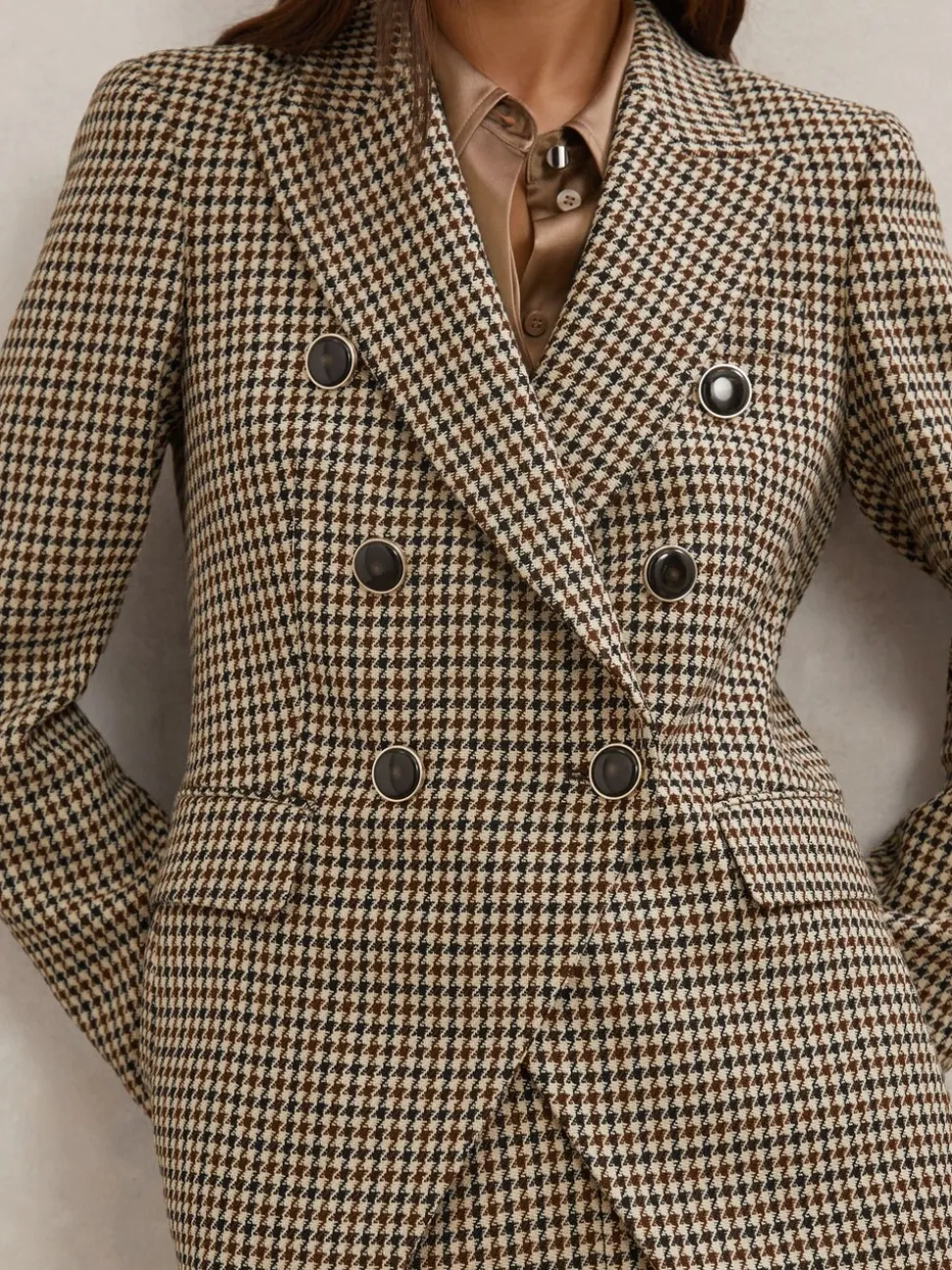 Reiss Neutral Check Hartley Petite Wool-Blend Double-Breasted Check Blazer