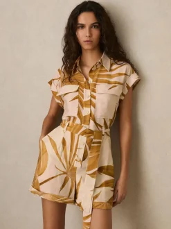 Reiss Neutral Harri Palm Print Belted Playsuit