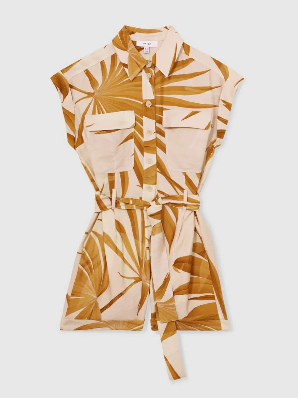 Reiss Neutral Harri Palm Print Belted Playsuit