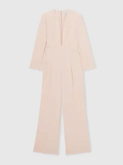 Reiss Pale Pink Evora Plunge-Neck Split-Sleeve Jumpsuit