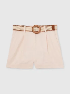 Reiss Pink Beau Linen Pleat-Front Belted Shorts