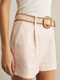 Reiss Pink Beau Linen Pleat-Front Belted Shorts