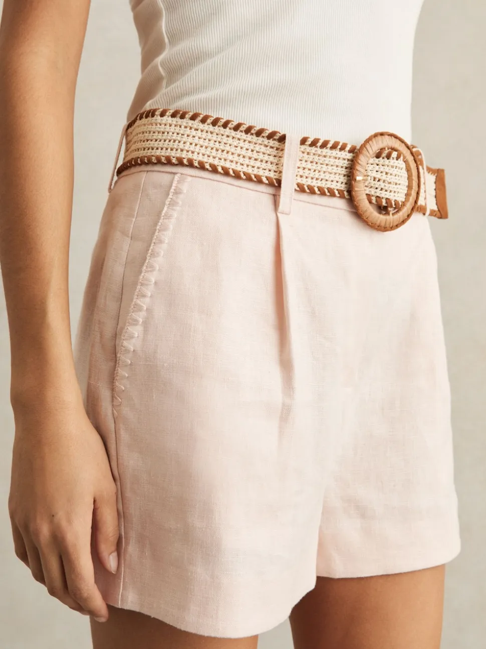 Reiss Pink Beau Linen Pleat-Front Belted Shorts