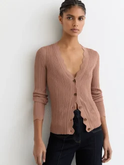 Reiss Pink Vinny Rib-Knit Scallop-Trim Cardigan