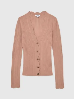 Reiss Pink Vinny Rib-Knit Scallop-Trim Cardigan