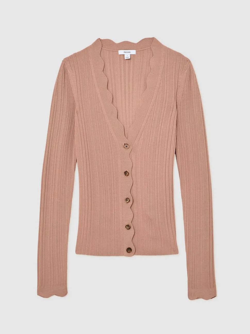 Reiss Pink Vinny Rib-Knit Scallop-Trim Cardigan