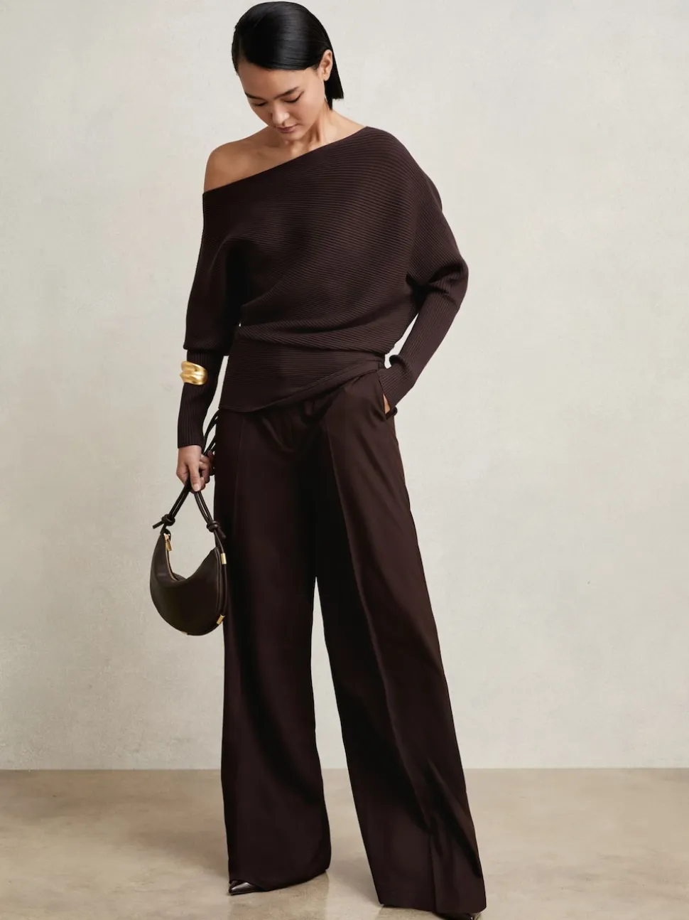Reiss Plum Lorna Asymmetric Draped Knitted Jumper