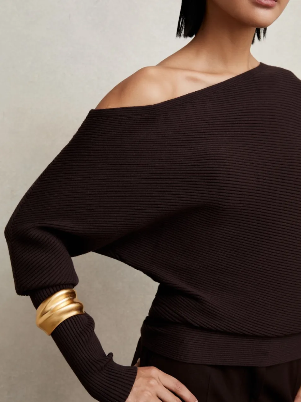 Reiss Plum Lorna Asymmetric Draped Knitted Jumper