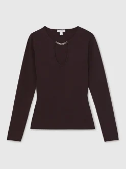 Reiss Plum Tilly Chain-Detail Keyhole Knit Top
