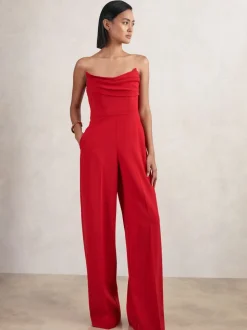 Reiss Red Ayla Structured Strapless Wide-Leg Jumpsuit