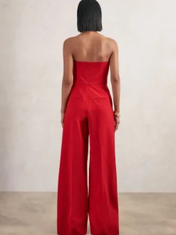Reiss Red Ayla Structured Strapless Wide-Leg Jumpsuit
