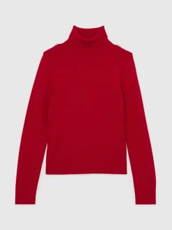 Reiss Red Corrine Wool Epaulette Roll-Neck Jumper