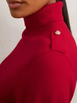 Reiss Red Corrine Wool Epaulette Roll-Neck Jumper