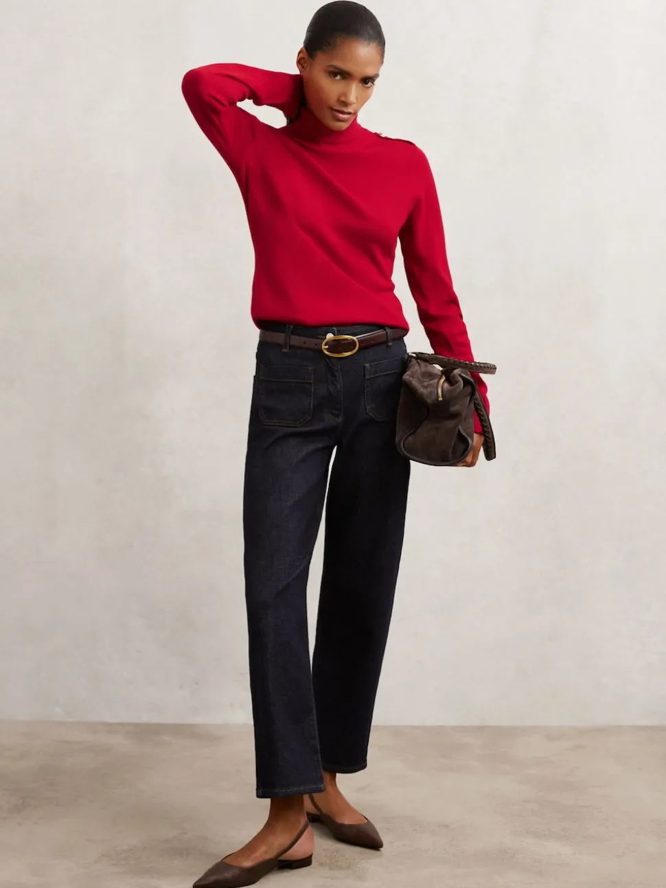 Reiss Red Corrine Wool Epaulette Roll-Neck Jumper