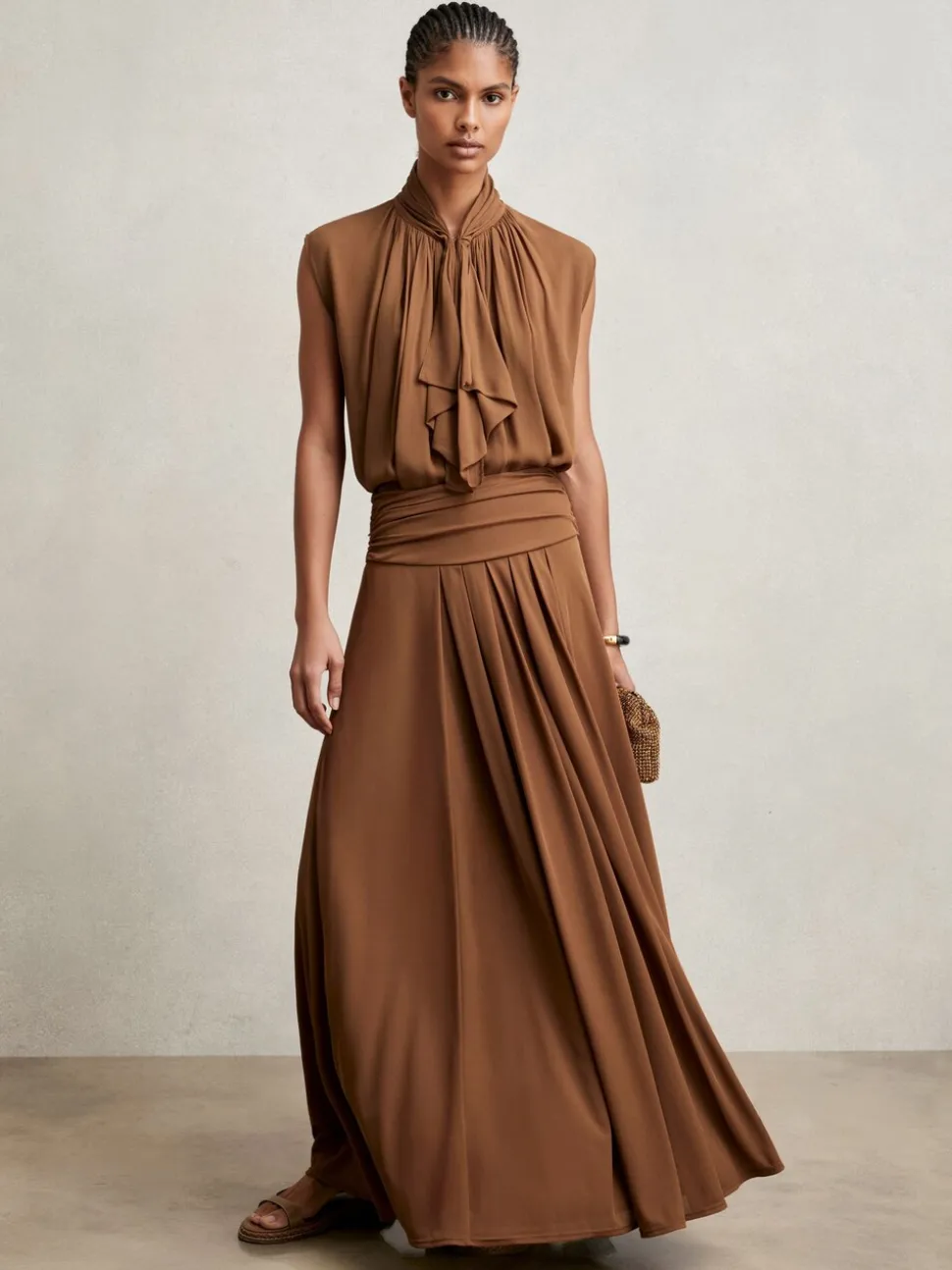 Reiss Tan Brown Saffron Jersey Ruched-Waist Maxi Skirt