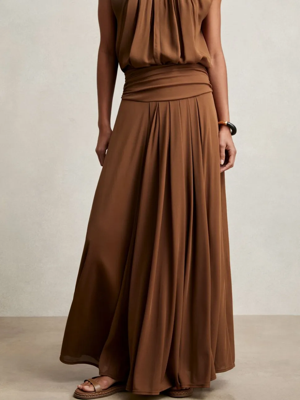 Reiss Tan Brown Saffron Jersey Ruched-Waist Maxi Skirt