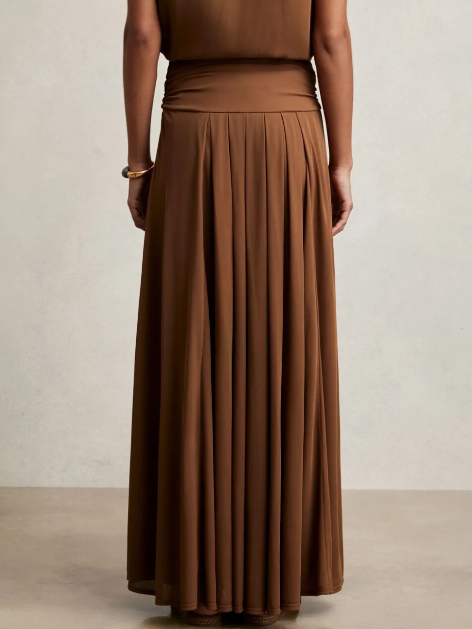 Reiss Tan Brown Saffron Jersey Ruched-Waist Maxi Skirt