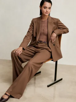 Reiss Tan Solene Wool-Blend Wide-Leg Suit Trousers